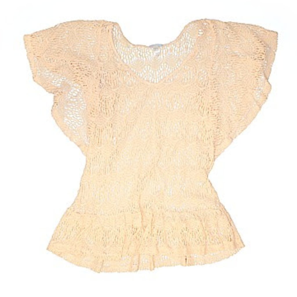 Eberjey Light Peach Cream V-Neck Flutter Ruffle Sleeve Crochet Tunic Top Blouse